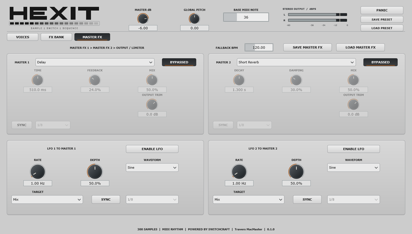 HEXIT Master FX + LFO interface