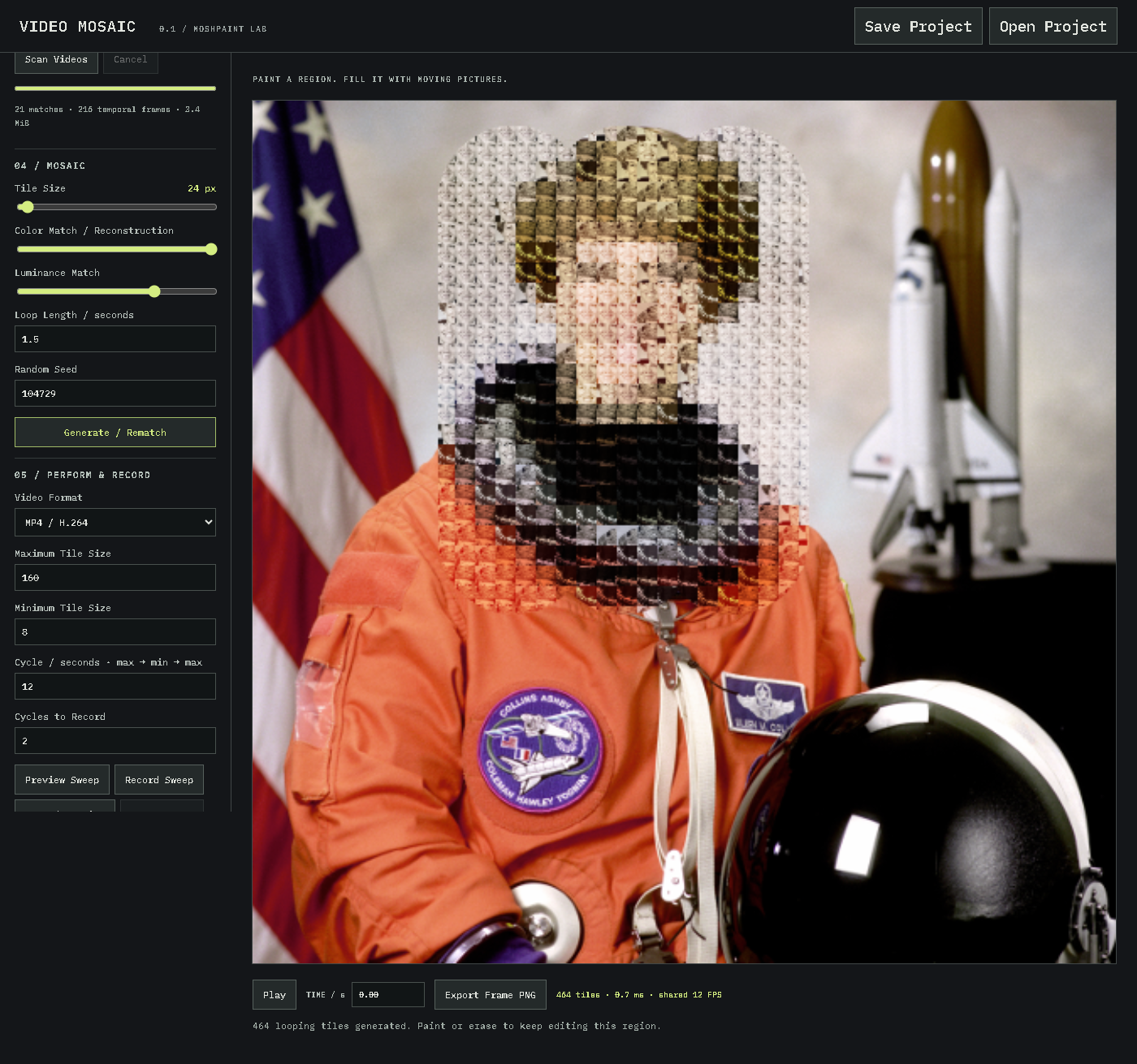 Video Mosaic maker interface with a portrait reconstructed from individually moving video clip tiles